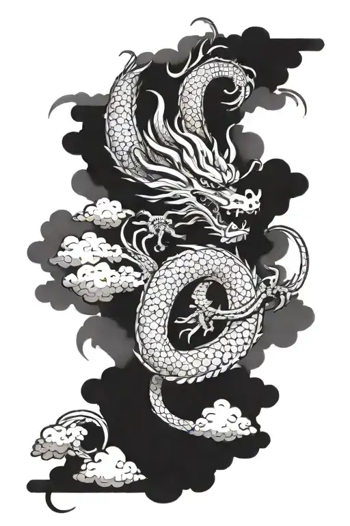 Chinees dragon around arm with clouds surrounding tattoo design idea