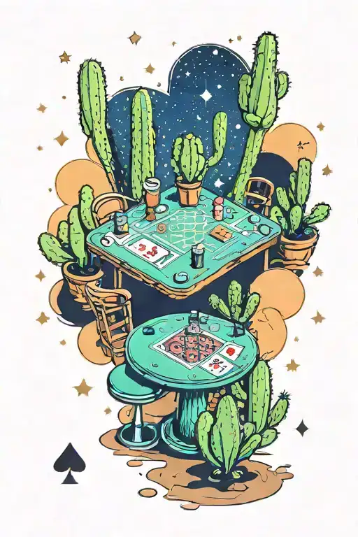 A desert landscape with cacti and a poker table set up under a starry sky tattoo design idea