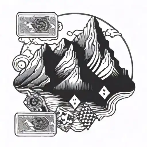 A mountain range made out of playing cards with a real estate symbol on top tattoo design idea