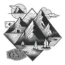 A mountain range made out of playing cards with a real estate symbol on top tattoo design idea