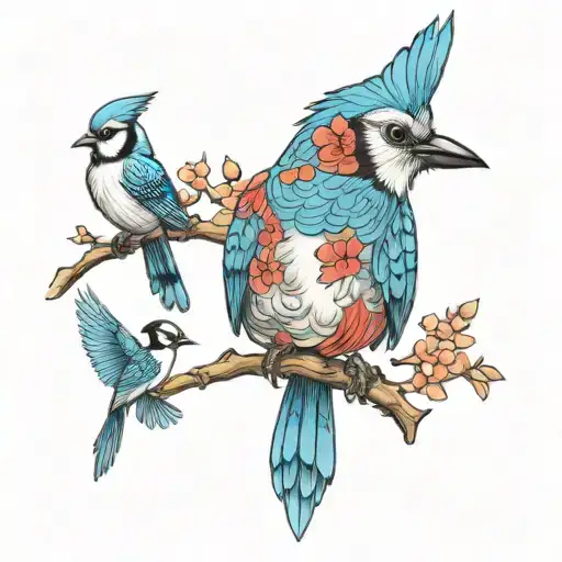 Blue Jay and a Humming Bird and a Cardinal and an Owl tattoo design idea