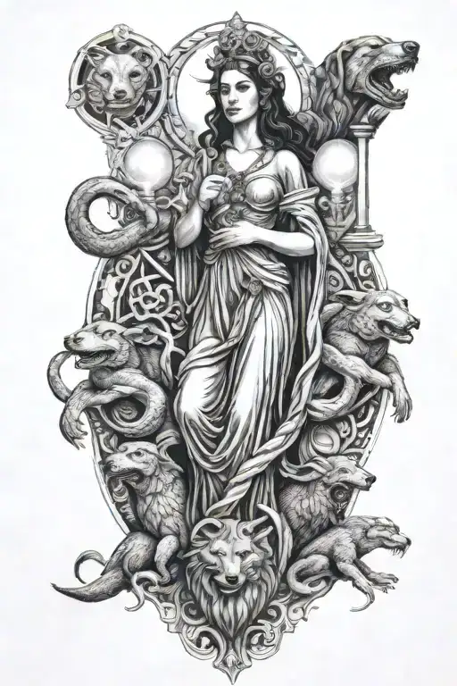 hecate goddess, holding torches, snakes with her dogs, triple moon  tattoo design idea