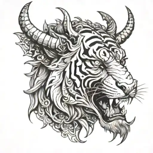 tiger demon horns bahamut head tattoo design idea