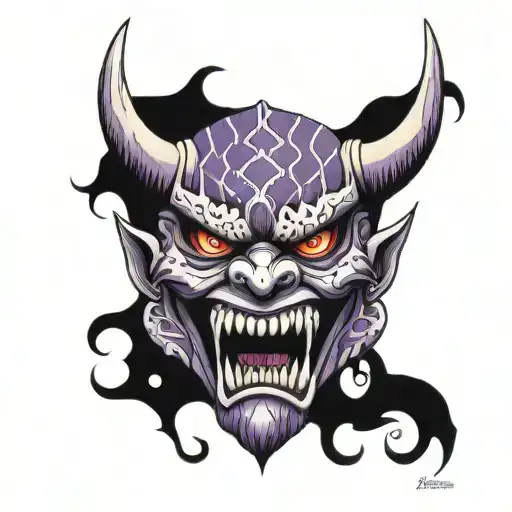 Grand Oni mask with purple accents inside a diamond outline  tattoo design idea