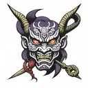 Grand Oni mask with purple accents inside a diamond outline  tattoo design idea