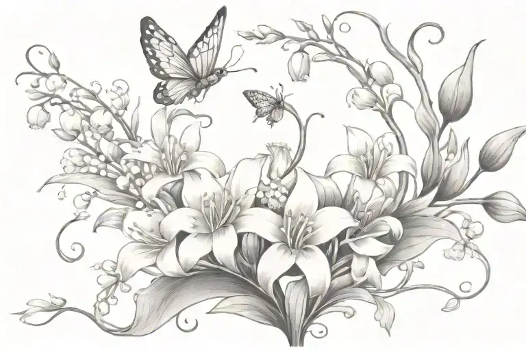 lily of the valley intertwined with daisies and vines with butterflies and hummingbirds flying around  tattoo design idea