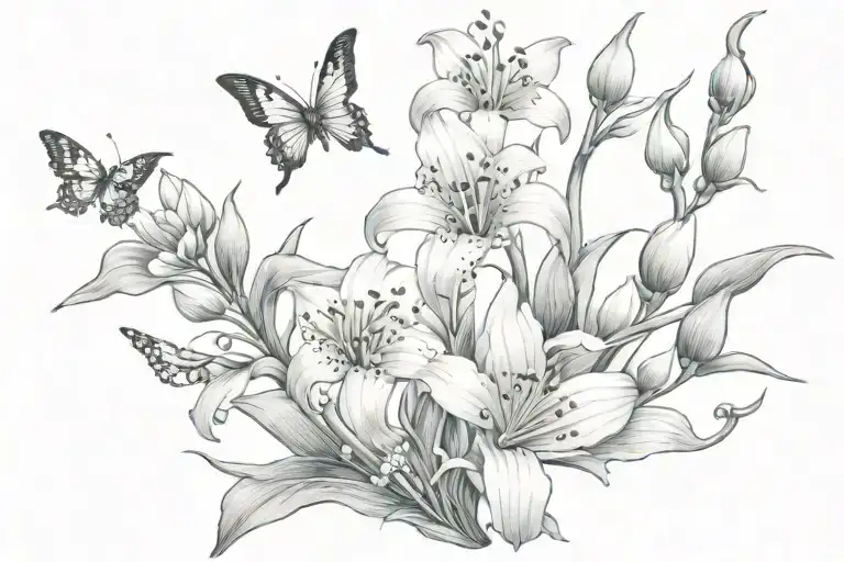lily of the valley intertwined with daisies with butterflies and hummingbird  tattoo design idea