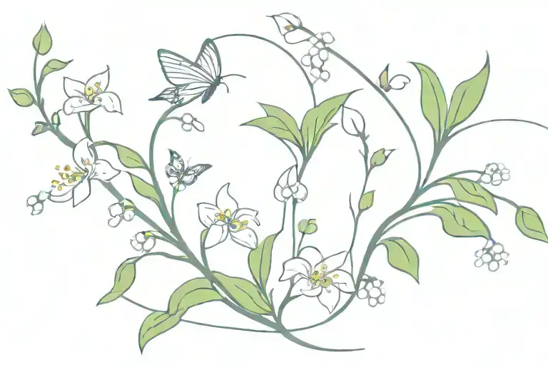 lily of the valley intertwined with daisies and vines with butterflies and hummingbirds flying around  tattoo design idea