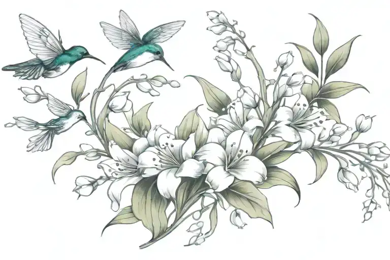lily of the valley in a line intertwined with daisies and vines in a line with butterflies and hummingbird flying around tattoo design idea