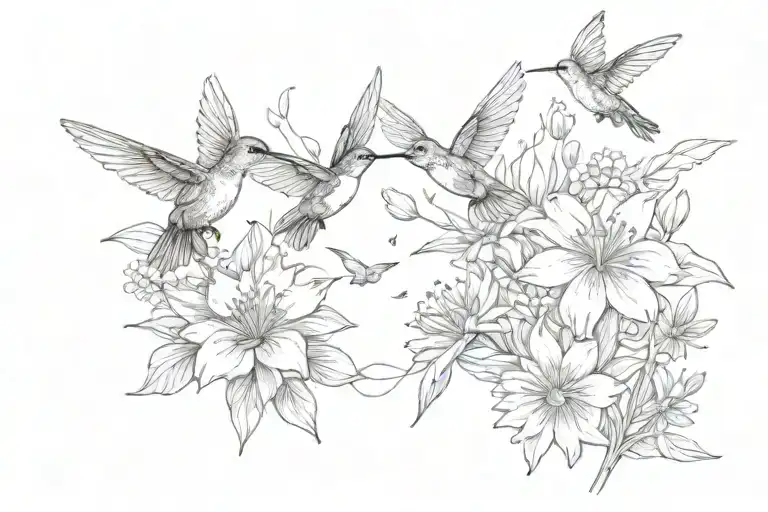 lilys of the valley flower and daisy flowers with butterflies and 2 hummingbirds and small hidden airplanes flying  tattoo design idea