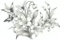 lily of the valley intertwined with daisies with butterflies and hummingbird  tattoo design idea