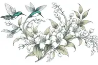 lily of the valley in a line intertwined with daisies and vines in a line with butterflies and hummingbird flying around tattoo design idea
