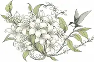 lily of the valley in a line intertwined with daisies and vines in a line with butterflies and hummingbird flying around tattoo design idea