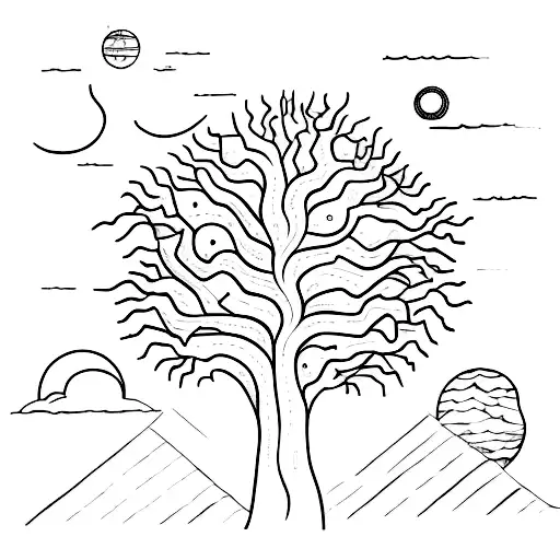 A sketch style tattoo of a tree with roots spreading across different planets tattoo design idea