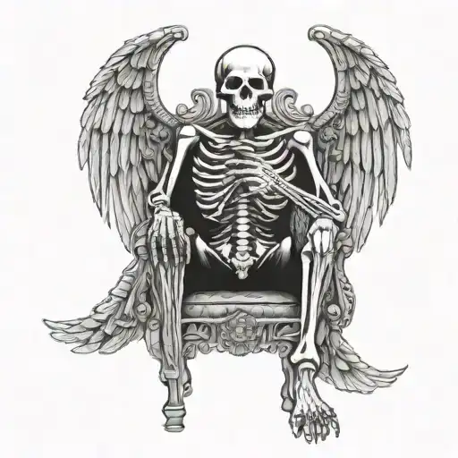 Skeleton sitting on a chair with 3 legs. The skeleton has angel wings and his hand under his chin tattoo design idea