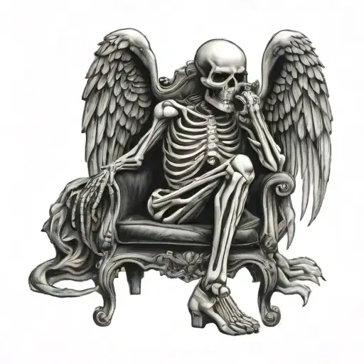 Skeleton sitting on a 3 legged chair with angel wings and his hand under his chin tattoo design idea