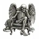 Skeleton sitting on a 3 legged chair with angel wings and his hand under his chin tattoo design idea