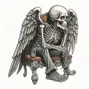 Skeleton sitting on a 3 legged chair with angel wings and his hand under his chin tattoo design idea