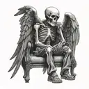 Skeleton sitting on a 3 legged chair with angel wings and his hand under his chin tattoo design idea