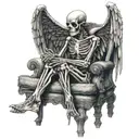 Skeleton sitting on a 3 legged chair with angel wings and his hand under his chin tattoo design idea