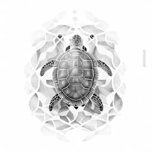 An intricate black and grey design of a turtle surrounded by a school of fish tattoo design idea