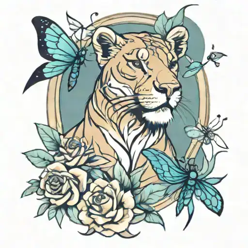 lioness, dragonfly, and moon tattoo design idea