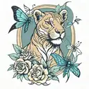 lioness, dragonfly, and moon tattoo design idea