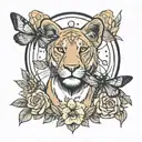 lioness, dragonfly, and moon tattoo design idea