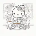 A whimsical scene of Hello Kitty enjoying a cup of coffee in a cozy cafe, with Afro puffs adorned with floral patterns tattoo design idea