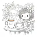 A whimsical scene of Hello Kitty enjoying a cup of coffee in a cozy cafe, with Afro puffs adorned with floral patterns tattoo design idea