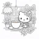 A whimsical scene of Hello Kitty enjoying a cup of coffee in a cozy cafe, with Afro puffs adorned with floral patterns tattoo design idea