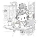 A whimsical scene of Hello Kitty enjoying a cup of coffee in a cozy cafe, with Afro puffs adorned with floral patterns tattoo design idea