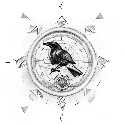 Raven, sand timer hourglass, compass tattoo design idea