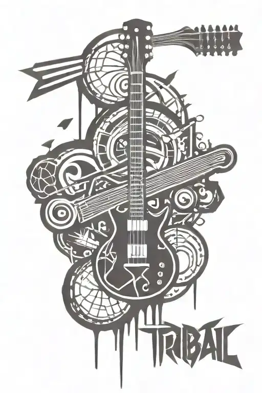 electric guitar, basketball and math symbols tattoo design idea