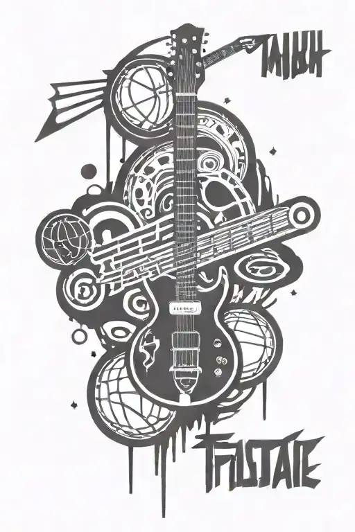 electric guitar, basketball and math symbols integrated tattoo design idea
