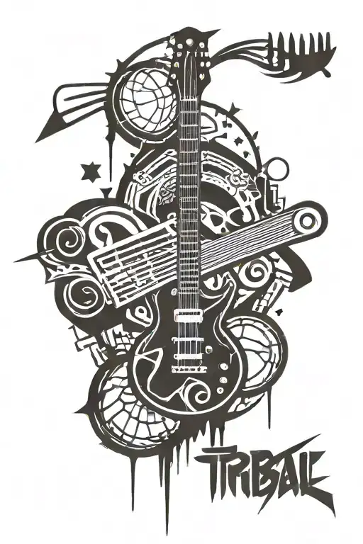electric guitar, basketball and math symbols tattoo design idea