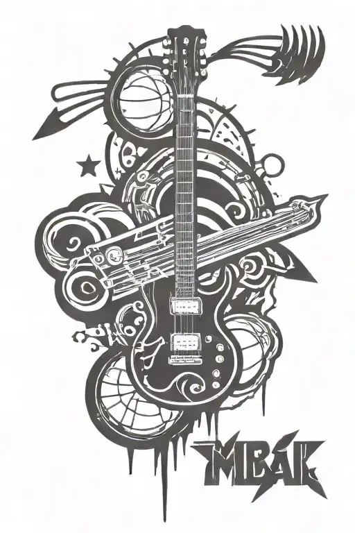 electric guitar, basketball and math symbols tattoo design idea