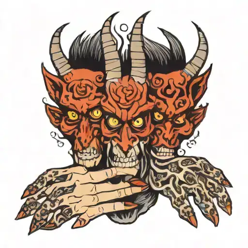 eyes and devil hands holding tattoo design idea