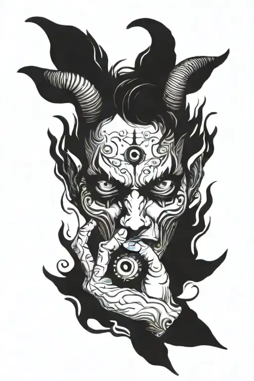 eyes and devil hands holding tattoo design idea