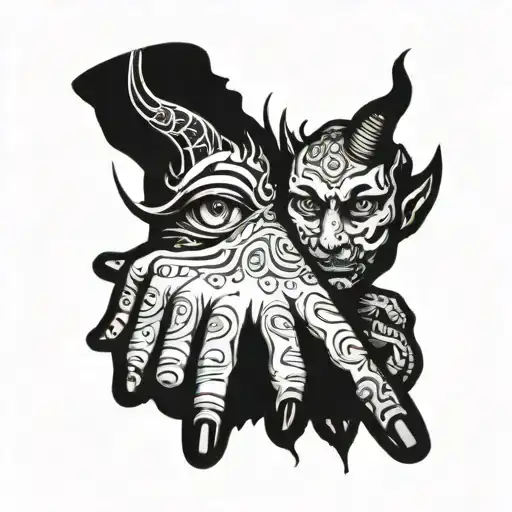 eyes and devil hand holding tattoo design idea
