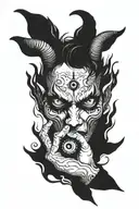eyes and devil hands holding tattoo design idea