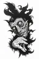 eyes and devil hands holding tattoo design idea
