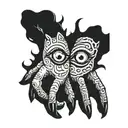 eyes and devil hand holding tattoo design idea