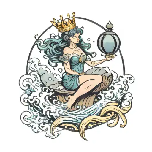 boulder in ocean wave crashing with fairy sitting on top holding a crown tattoo design idea