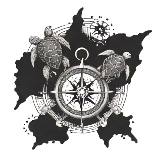 nautical compass with 4 sea turtles name Robert where North is on compass tattoo design idea