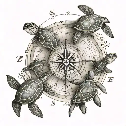 nautical compass with 4 sea turtles name Robert where North is on compass tattoo design idea