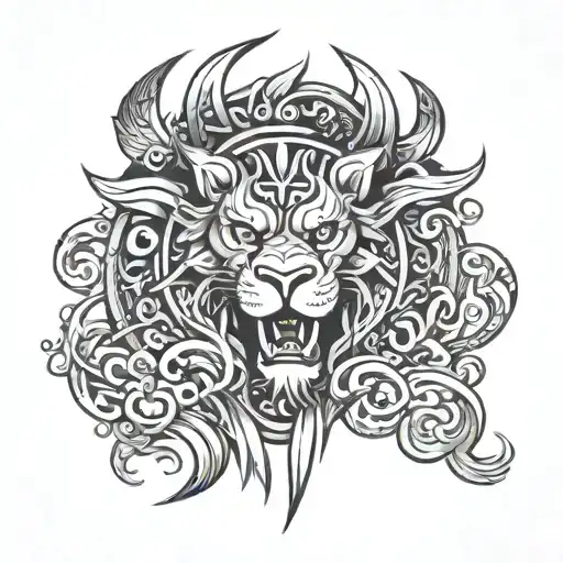 Designing a tattoo that symbolizes strength and power with elements of Polynesian art, lions, and dragons tattoo design idea