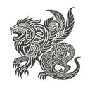 Combining Polynesian tribal patterns with a lion and dragon motif tattoo design idea