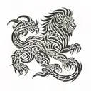 Combining Polynesian tribal patterns with a lion and dragon motif tattoo design idea