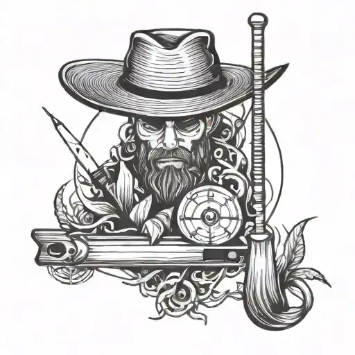 fishing pole corn hole and straw hat surrounded tattoo design idea